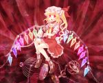  blood cage chain collar crazy_eyes dress fangs flandre_scarlet globe highres laevatein neme ribbon short_hair side_ponytail solo stabbing string touhou wand wings wrist_cuffs 