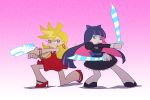  2girls aqua_eyes black_dress blonde_hair blue_eyes dress dual_swords gun high_heels jewelry multicolored_hair multiple_girls panty_&amp;_stocking_with_garterbelt panty_(character) red_dress shoes simple_background stocking_(character) two-tone_hair weapon 