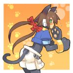  animal_ears blush bow brown_hair capcom cat_ears cat_paws green_eyes hair_bow kemonomimi_mode long_hair paws ribbon rockman rockman_zx shigehiro_(artist) solo tail 