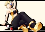  aqua_eyes arm_support bare_shoulders black_pantyhose blonde_hair bob_cut cable choker foreshortening gisyo gym_leader halterneck headphones high_heels kamitsure_(pokemon) leaning_back midriff pantyhose poke_ball pokemon pokemon_(game) pokemon_black_and_white shadow shoes short_hair simple_background skin_tight solo thick_thighs vest 