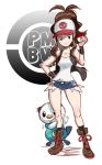  boots brown_hair eroquis hand_on_hip hat long_hair oshawott poke_ball pokemon pokemon_(game) pokemon_black_and_white pokemon_bw short_shorts shorts touko_(pokemon) 