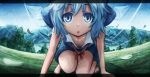  :o all_fours blue_eyes blue_hair bow cirno forest hair_bow letterboxed looking_at_viewer nature neck_ribbon ribbon same_2009 scenery short_hair solo squatting touhou wings 