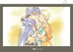  1girl bianca blonde_hair blush bracelet braid cape couple dragon_quest dragon_quest_v earrings hero_(dq5) jewelry long_hair noki_(hanken) ring single_braid smile translated translation_request turban 