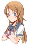  blue_eyes blush brown_hair bust crossed_arms ha-ru hair_ornament hairclip kousaka_kirino long_hair ore_no_imouto_ga_konna_ni_kawaii_wake_ga_nai school_uniform serafuku simple_background solo 