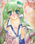  blush breasts cleavage copics frog green_eyes green_hair heart kochiya_sanae lips lipstick long_hair marker_(medium) millipen_(medium) mitsuba_(threeleaf) nail_polish no_bra pov solo touhou traditional_media 