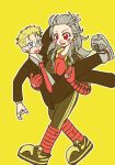  artist_request blue_eyes blush_stickers carrying cross dorohedoro earrings jewelry necktie noi_(dorohedoro) princess_carry red_eyes shin shoes sneakers stitches white_hair 