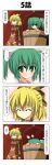  :&gt; ^_^ blonde_hair bow bucket closed_eyes comic girl_in_bucket green_eyes green_hair hair_bobbles hair_bow hair_ornament highres in_bucket in_container kisume kurodani_yamame rapattu smile touhou translated translation_request twintails 