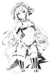  1girl bikini_top breasts graphite_(medium) hand_on_hip hat highres monochrome navel oshake patchouli_knowledge short_shorts shorts smile solo thigh-highs touhou traditional_media vertical-striped_legwear vertical_stripes 