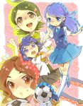  ball blue_eyes glasses green_hair inazuma_eleven kino_aki kudou_fuyuka multiple_girls otonashi_haruna purple_hair raimon_natsumi school_uniform short_hair socks 