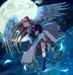  blonde_hair boots bow bowtie cloud cross-laced_footwear dark feathers flying full_moon gengetsu hair_bow lace-up_boots moon night ribbon scenery solo touhou touhou_(pc-98) tree vest wings yellow_eyes yozo_(yozo2000) 