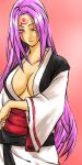  alternate_hairstyle amputee baiken breasts cleavage facial_mark guilty_gear hair_down japanese_clothes kimono long_hair one-eyed pink_eyes pink_hair scar tattoo 