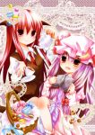  bat_wings book cookie crescent crescent_moon cup food hat head_wings koakuma long_hair macaron murasaki-neko patchouli_knowledge pouring purple_eyes purple_hair red_eyes red_hair redhead saucer teacup teapot touhou violet_eyes wings 