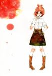  arakawa_under_the_bridge bob_cut boots bow fingers hand_on_hip open_mouth p-ko_(arakawa) pigeon-toed pointing puffy_sleeves raised_finger red_eyes red_hair redhead short_hair simple_background skirt solo spot_color standing star traditional_media watercolor_(medium) yueko 