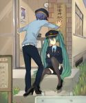  belt blue_hair clock closed_eyes crossed_arms from_behind green_hair hat hatsune_miku high_heels highres kaito kamui_gakupo long_hair necktie phone police police_hat police_uniform policewoman sama shoes skirt thigh-highs thighhighs twintails uniform very_long_hair vocaloid zettai_ryouiki 