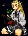  artist_request bowl chopsticks dorohedoro eating food gloves horns noi_(dorohedoro) noodles ramen red_eyes skirt star suspenders tail young 