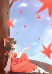  ascot bow brown_hair clog_sandals detached_sleeves hair_bow hakurei_reimu highres leaf maple_leaf masiroke no_bra sitting solo tabi touhou 