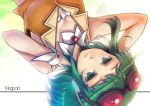  cleavage furai goggles goggles_on_head green_eyes green_hair gumi headset highres simple_background solo vocaloid 