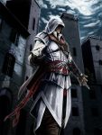  assassin&#039;s_creed_ii belt blade cape doku_hebi ezio_auditore_da_firenze feathers gloves highres hood 