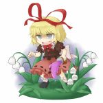  :d blonde_hair bow dress flower grey_eyes hair_ribbon lily_of_the_valley medicine_melancholy nice open_mouth poison poison_(substance) ribbon short_hair silver_eyes smile solo spill touhou 