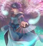  bad_id blue_dress cherry_blossoms dress fan ghost hat kuma_ym outstretched_arm pink_hair red_eyes saigyouji_yuyuko short_hair smile solo touhou tree triangular_headpiece 