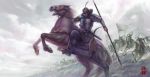  armor army battle bow_(weapon) cavalry flag helmet horse horseback_riding leeshingyu male original polearm riding solo spear sword war weapon 