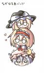  3girls :3 :d alice_margatroid aoblue blonde_hair blush bow chibi crescent hairband hat heart human_tower kirisame_marisa multiple_girls o_o open_mouth patchouli_knowledge purple_hair smile sweatdrop tears touhou translated translation_request trembling waving witch_hat 