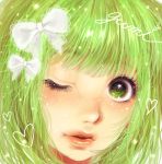  face green_eyes green_hair gumi hair_bow heart lips minami_haruya open_mouth portrait solo vocaloid wink 