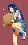  balancing biwa_(kt) blue_eyes blue_hair box cardboard_box convenient_leg gonoike_biwa holding long_hair school_uniform shoes solo standing_on_one_leg suzumiya_haruhi_no_yuuutsu sweatdrop uwabaki 