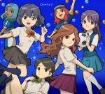  glasses inazuma_eleven kino_aki kudou_fuyuka mizuhara_aki multiple_girls otonashi_haruna pink_hair purple_hair raimon_natsumi school_uniform short_hair soccer_uniform socks urabe_rika zaizen_touko 