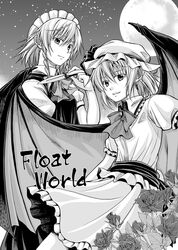  bat_wings braid fang flower hat izayoi_sakuya knife maid maid_headdress monochrome moon multiple_girls pigeonblood remilia_scarlet rose short_hair touhou twin_braids wings 