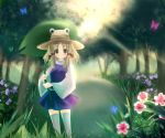  blush butterfly dew dew_drop flower forest grass green_eyes hair_ornament hair_ribbon hat lily_pad marionette_(excle) moriya_suwako nature plant ribbon smile solo sunlight sunshine thigh-highs thighhighs touhou tree water water_drop white_legwear white_thighhighs zettai_ryouiki 