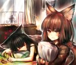  annoyed bed black_hair cabinet cat_ears fence glass highres kotoba_noriaki long_hair picture pigtail pillow ponytail red_hair redhead room sleeping slit_pupils 