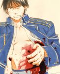  bleeding blood blood_on_clothes bloody_clothes fullmetal_alchemist injury military military_uniform open_clothes roy_mustang solo spoilers teeth uniform 