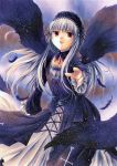  black_wings dress feathers gothic hairband kyopi pointing red_eyes rozen_maiden solo suigintou traditional_media wings 