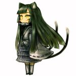  black_hair blush cat_ears cat_tail chibi fish japanese_clothes kotoba_noriaki long_hair miko nekomata slit_pupils tail thigh-highs thighhighs yellow_eyes 