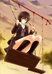  1girl amagami brown_eyes brown_hair highres legs nanasaki_ai okitakung short_hair solo sunset swing thighs 