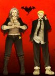  blonde_hair blue_eyes boots breasts collarbone dorohedoro formal glasses heart highres jacket midriff muscles necktie noi_(dorohedoro) pants red_eyes shin shoes sneakers star suit white_hair zorim 