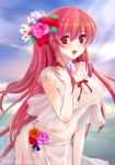  :d blouse blush breasts choker cleavage cloud clouds dress flower hair_flower hair_ornament koizumi_amane large_breasts long_hair open_mouth outdoors red_eyes red_hair redhead ribbon see-through sky smile solo standing very_long_hair 
