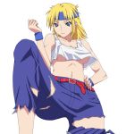  blonde_hair blue_eyes breasts crop_top hand_on_hip headband leg_up lune_zoldark navel ribonzu simple_background solo super_robot_wars super_robot_wars_og_the_inspector super_robot_wars_original_generation super_robot_wars_the_lord_of_elemental tank_top torn_clothes under_boob underboob 