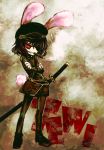  animal_ears black_hair bunny_ears bunny_tail character_name cigar crossed_arms eyepatch grin hat highres inaba_tewi katana military military_uniform peaked_cap rabbit_ears red_eyes sharp_teeth sheath sheathed shoes short_hair smile smoking solo sword tail touhou uniform weapon 