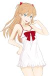  :d bow breasts brown_hair chemise cleavage coldcrush hand_on_hip long_hair neon_genesis_evangelion open_mouth shikinami_asuka_langley simple_background smile solo souryuu_asuka_langley thigh_gap 