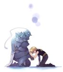  armor blonde_hair brothers edward_elric fullmetal_alchemist hirochihiro long_hair ponytail sad siblings simple_background 