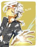  black_hair bored earring gloves lightning moemon multicolored_hair open_mouth personification pokemon pokemon_(game) pokemon_black_and_white ponytail scar short_hair simple_background suit necktie two-tone_hair two_tone_hair white_hair yellow_eyes zebstrika  