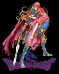  brown_eyes brown_hair cape carrying dragon_quest dragon_quest_i dragon_quest_iii gauntlets helmet hero_(dq1) hinafuru long_hair princess_laura sandals shield sword weapon 