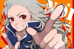  fang foreshortening grin hands hattori_(junoct2000) hattori_(pixiv) noi_(dorohedoro) pointing red_eyes smile solo white_hair 