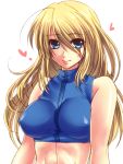  ahoge bare_shoulders blonde_hair blue_eyes breasts crop_top falcon-samus_(artist) impossible_clothes impossible_shirt large_breasts long_hair metroid midriff ran_komomo samus_aran shirt smile 