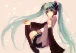  bad_id detached_sleeves green_eyes green_hair hatsune_miku long_hair looking_back skirt solo syutyou thigh-highs thighhighs twintails very_long_hair vocaloid 
