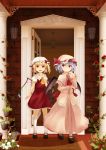  bat_wings blonde_hair blue_hair door dress flandre_scarlet flower hat multiple_girls red_eyes red_rose remilia_scarlet rose short_hair siblings side_ponytail sisters smile touhou tsuyuki vines wings 