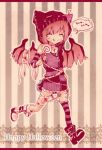  ^_^ alternate_costume bandages blood boots closed_eyes contemporary halloween happy highres hood jakkun lasvegas mystia_lorelei pink pink_hair short_hair solo striped striped_background striped_legwear striped_thighhighs thigh-highs thighhighs tongue touhou wings 