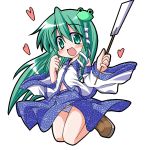  chibi detached_sleeves frog gohei green_eyes green_hair hair_ornament heart kochiya_sanae nikke open_mouth panties pantyshot sarashi smile snake touhou underwear 